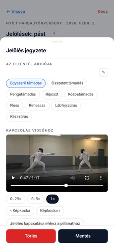 A Jelölés jegyzete panel a jelölőnézetben: „Az ellenfél akciója” címkéi, egyikük kiválasztva, alattuk a Kapcsolás videóhoz rész. A meccshez csatolt videó a jelöléshez kapcsolt pillanatnál megállítva látszik, alatta a kapcsolás gombja, legalul pedig a Törlés és a Mentés gomb.
