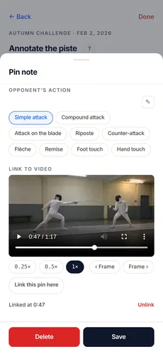 The Pin note sheet on the annotation screen: the opponent’s action selected above the video attached to the match, paused at the linked moment, with the controls for linking, unlinking and saving below it.
