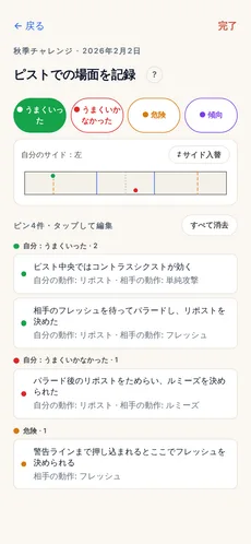 ピンを置く画面。フェンシングのピストを描いた図にピンが置かれ、種類ごとにまとまっている。それぞれに短いメモがつき、アクションのタグが付いたものもある。