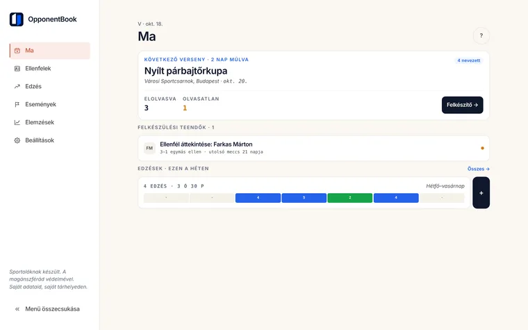 A Ma képernyő laptop böngészőjében: a következő versenyig hátralévő idő, az ismert ellenfelekhez tartozó felkészülési teendők és a heti edzések.