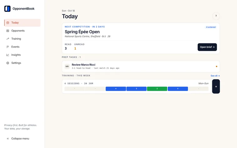 The Today dashboard open in the browser on a laptop: the next competition with a countdown, prep tasks per known opponent, and the week's training.