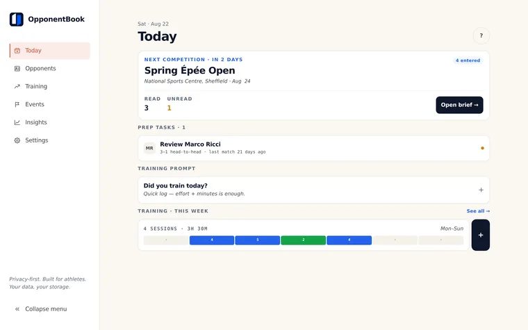 The Today dashboard open in the browser on a laptop: the next competition with a countdown, prep tasks per known opponent, and the week's training.