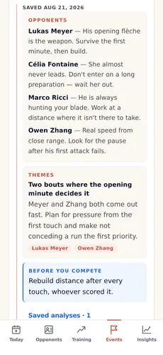 A saved AI competition brief on an event: one tactical line per expected opponent, a shared theme, and a reminder before you compete.