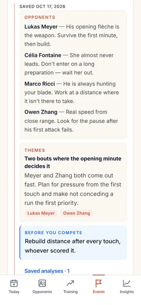 A saved AI competition brief on an event: one tactical line per expected opponent, a shared theme, and a reminder before you compete.