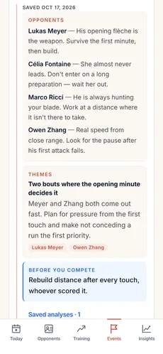 A saved AI competition brief on an event: one tactical line per expected opponent, a shared theme, and a reminder before you compete.