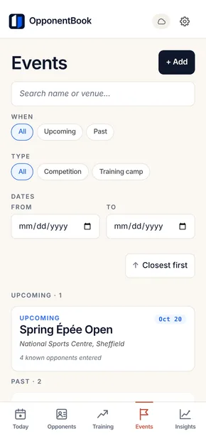 The events list: the next competition with its date, venue and how many known opponents are entered, then past events including a training camp.