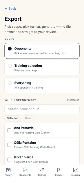 The export screen: choose opponents, a training selection or everything, then generate a PDF or Word file.