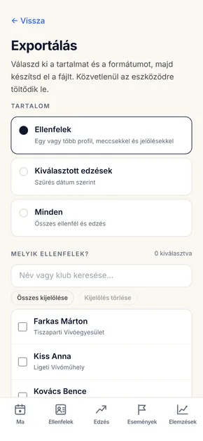 Az Exportálás képernyő: ellenfelek, egy edzésidőszak vagy a teljes napló kiválasztása, majd PDF- vagy Word-fájl készítése.