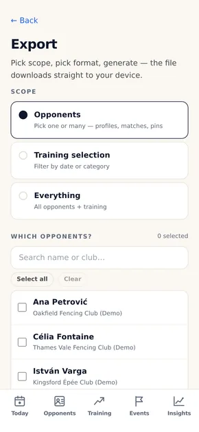 The export screen: choose opponents, a training selection or everything, then generate a PDF or Word file.
