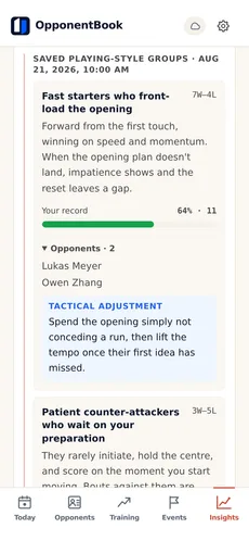 A saved AI playing-style classification: named groups of opponents who play alike, each with how that style plays, your W–L record and win rate against the group, the opponents in it, and a tactical adjustment.