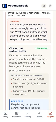 A saved AI evolution analysis: a summary, then a pattern marked improving, with the journal evidence behind it and a concrete next step.