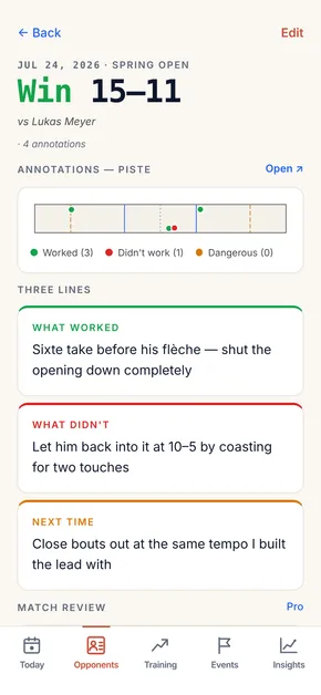 A match detail screen: the result and score, pinned moments on the piste, and the three reflection fields — what worked, what didn't, next time.