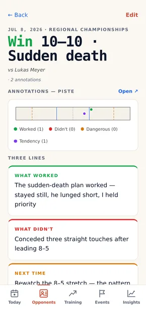 A match detail screen: a win at 10–10 decided in sudden death, with pinned moments on the piste and the three reflection lines — what worked, what didn't, next time.