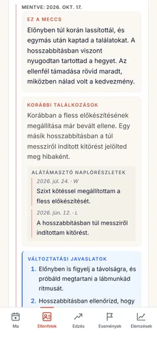 Mentett MI-meccselemzés: az eredmény lehetséges tényezői, korábbi megfigyelésekre hivatkozó minták és számozott javaslatok.