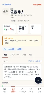 OpponentBook の対戦相手プロフィール。対戦成績、スタイルのタグ、再戦前に読み返す「次回やること」のメモが並んでいる。