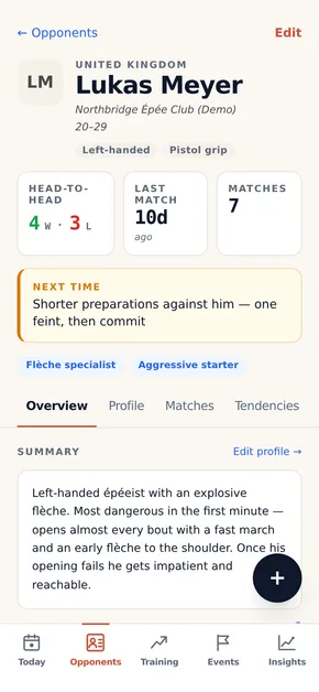 An opponent profile in OpponentBook: head-to-head record, style tags, and the note to reread next time.