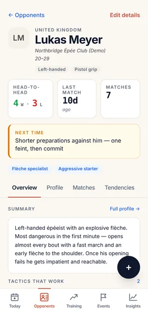 An opponent profile in OpponentBook: head-to-head record, style tags, and the note to reread next time.