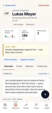 An opponent profile in OpponentBook: head-to-head record, style tags, and the note to reread next time.