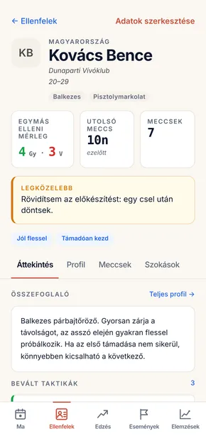 Egy ellenfél profilja az OpponentBook alkalmazásban: egymás elleni mérleg, stíluscímkék és a következő találkozás előtt átolvasandó jegyzet.