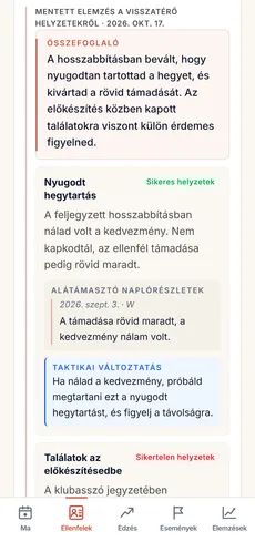 Egy ellenfélhez mentett MI-elemzés: összefoglaló, visszatérő eredményes megoldás a forrásul szolgáló naplóbejegyzéssel, valamint egy javasolt taktikai módosítás.