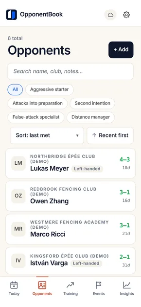 The opponents list: profiles with club, head-to-head record and style tags, filterable by tag.