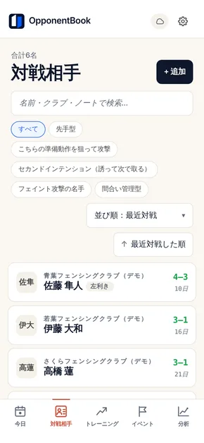 対戦相手の一覧画面。所属、対戦成績、スタイルのタグつきのプロフィールが並び、タグで絞り込める。