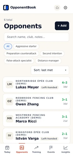 The opponents list: six profiles with club, head-to-head record and style tags, filterable by tag.