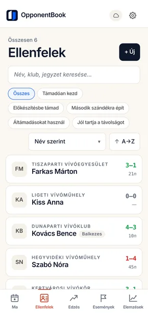 Az Ellenfelek lista: profilok klubbal, egymás elleni mérleggel és stíluscímkékkel, címkék szerinti szűréssel.