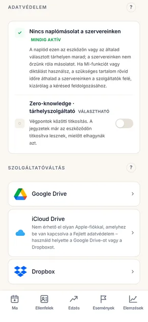 A Tárhely képernyő: csatlakoztatott felhőtárhely, a szinkronizálás állapota és a végpontok közötti titkosítás beállításai.