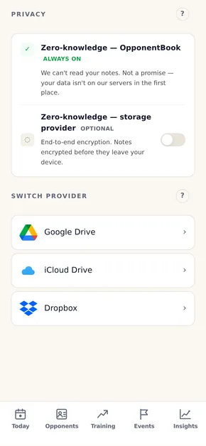 The Storage screen in the app: notes live on your own drive, zero-knowledge for OpponentBook always, optional end-to-end encryption against the provider.