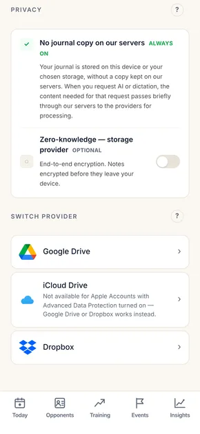 The Storage screen: connected cloud storage and the option to enable end-to-end encryption for journal records.
