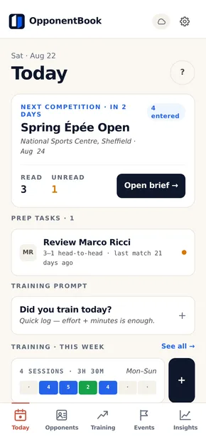 The Today screen in OpponentBook: the next competition with a countdown, and prep tasks to review each known opponent.