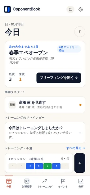 OpponentBook の「今日」画面。次の大会までのカウントダウンと、対戦経験のある相手の情報を読み返すための準備タスクが表示されている。