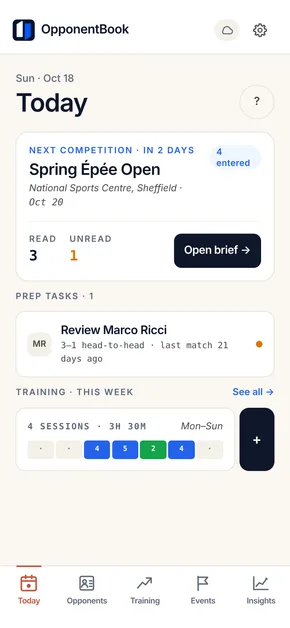 The Today screen in OpponentBook: a countdown to the next competition and tasks for checking notes about the opponents you know.