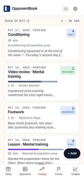 The free training journal: logged sessions grouped by week, with categories, duration, effort scores, tags and notes.