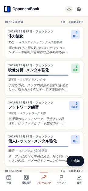 無料の練習ノート。練習は週ごとにまとまり、それぞれの週に回数と合計時間が出ている。各練習にはカテゴリー・時間・強度・タグ・メモが付いている。