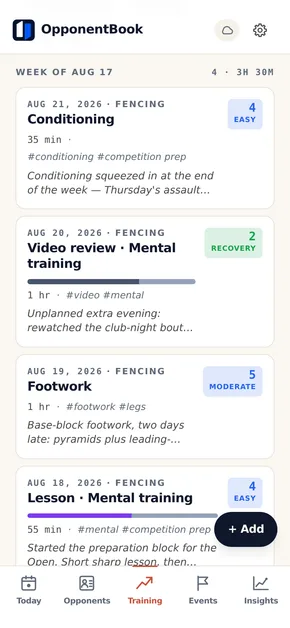 The free training journal: logged sessions grouped by week, with categories, duration, effort scores, tags and notes.