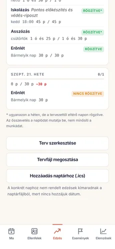 Az edzésterv műveletei: szerkesztés, megosztás fájlként és a beosztás exportálása .ics naptárfájlba.