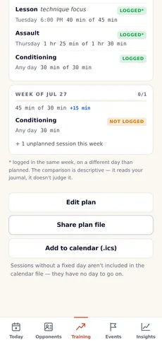 A training plan's actions: edit, share the plan as a file, and add the schedule to your calendar as .ics.
