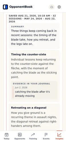 A saved AI training-theme summary: recurring themes across recent sessions, each quoting the journal entry it comes from.