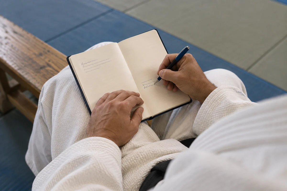 A judoka in a white gi writes in an open notebook on their lap.